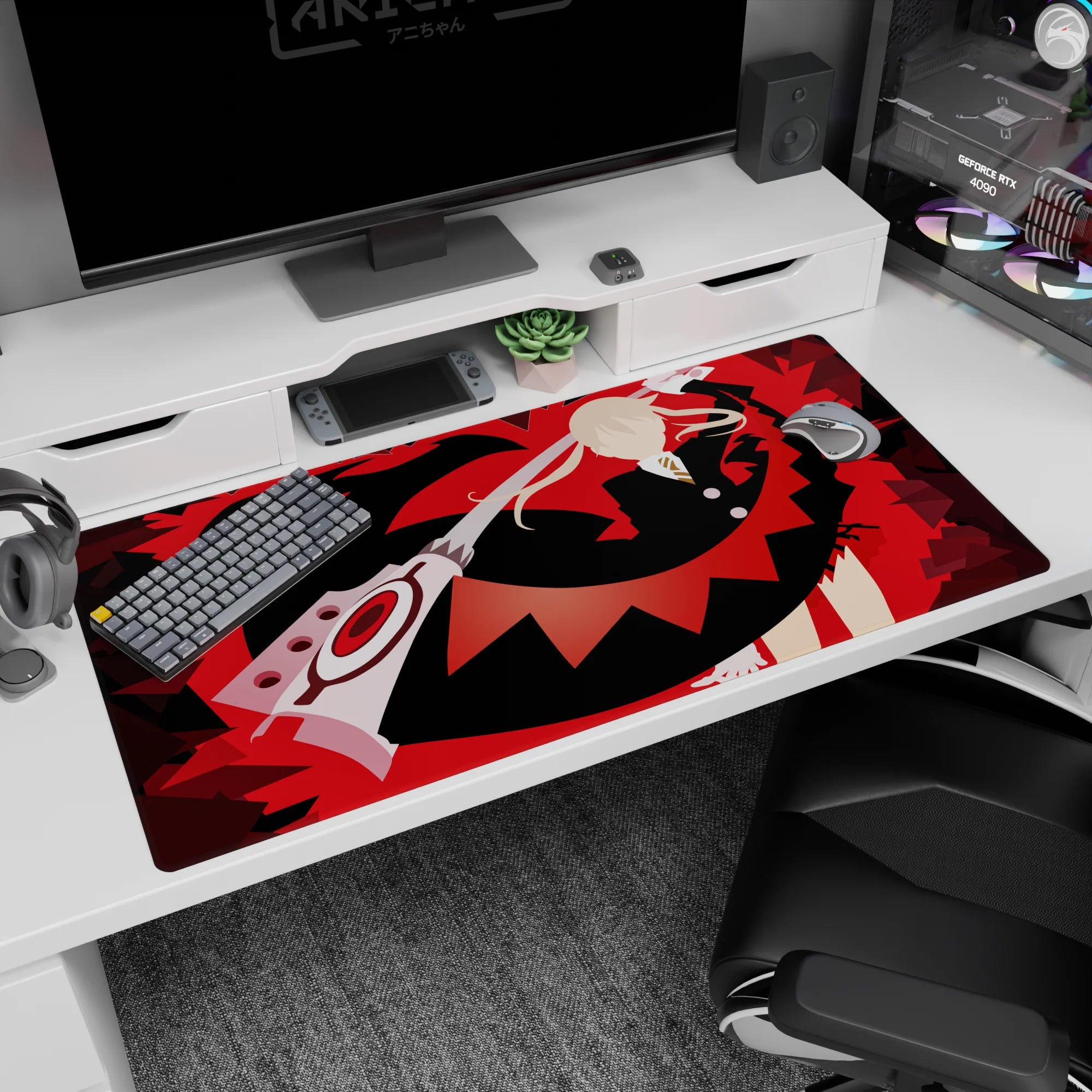 40x20 inches anime desk pad showing a blond fighter in dark suit and gold tie as a giant scissor blade swings.