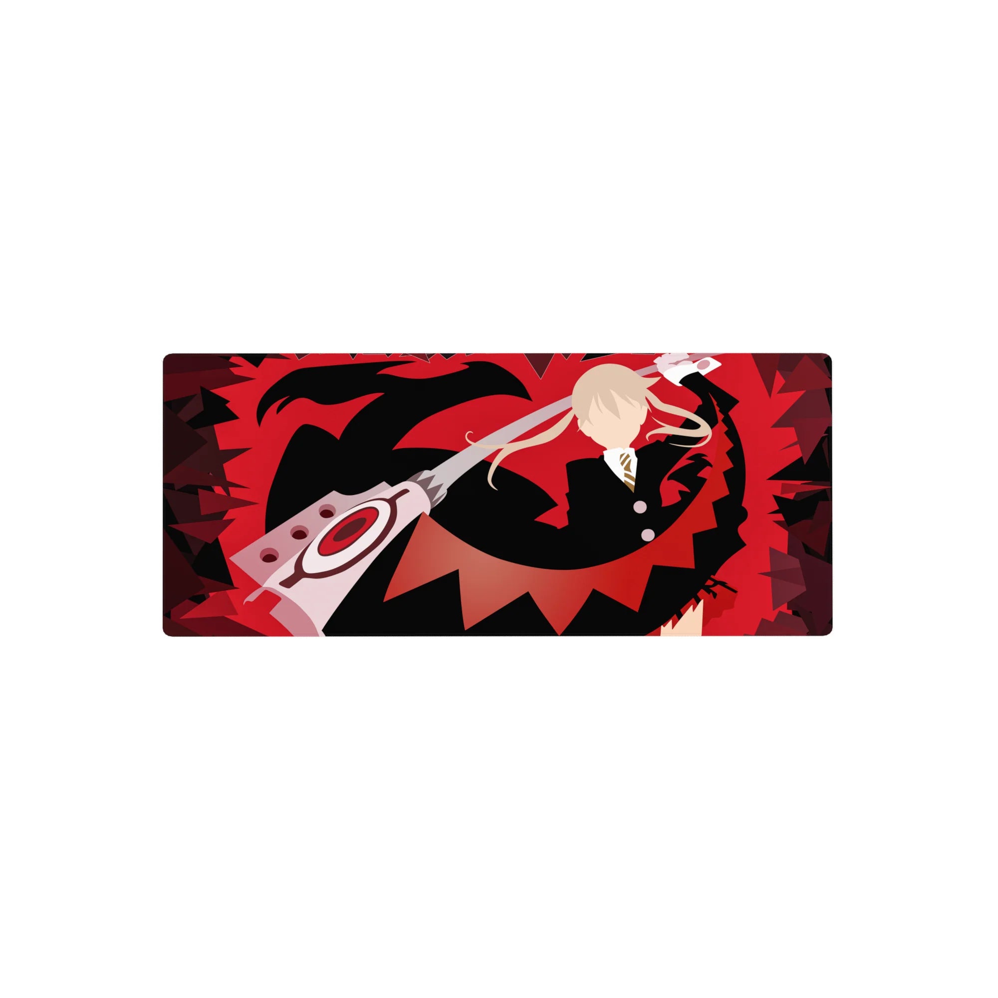 28x12 inches anime mouse pad with red storm backdrop and sharp black silhouette, poster-style desk mat.