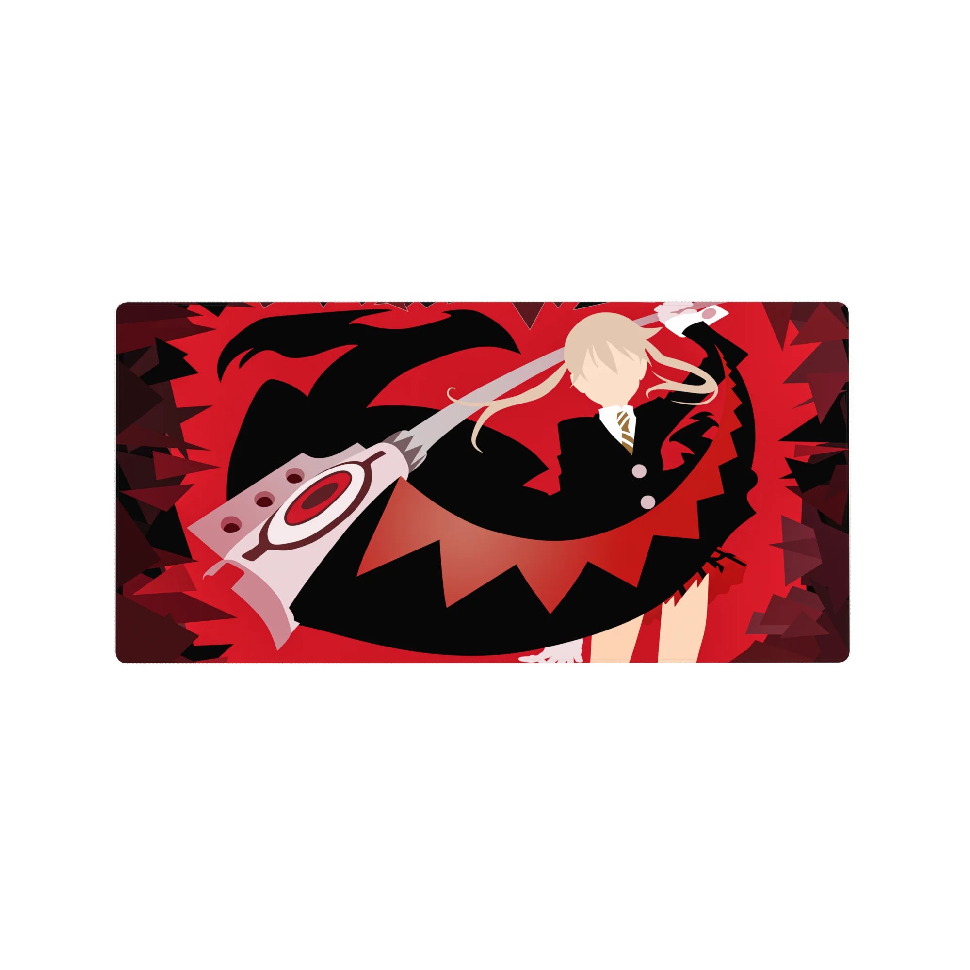 32x16 inches anime mouse pad with red storm backdrop, black silhouette, and scissor-blade action art.