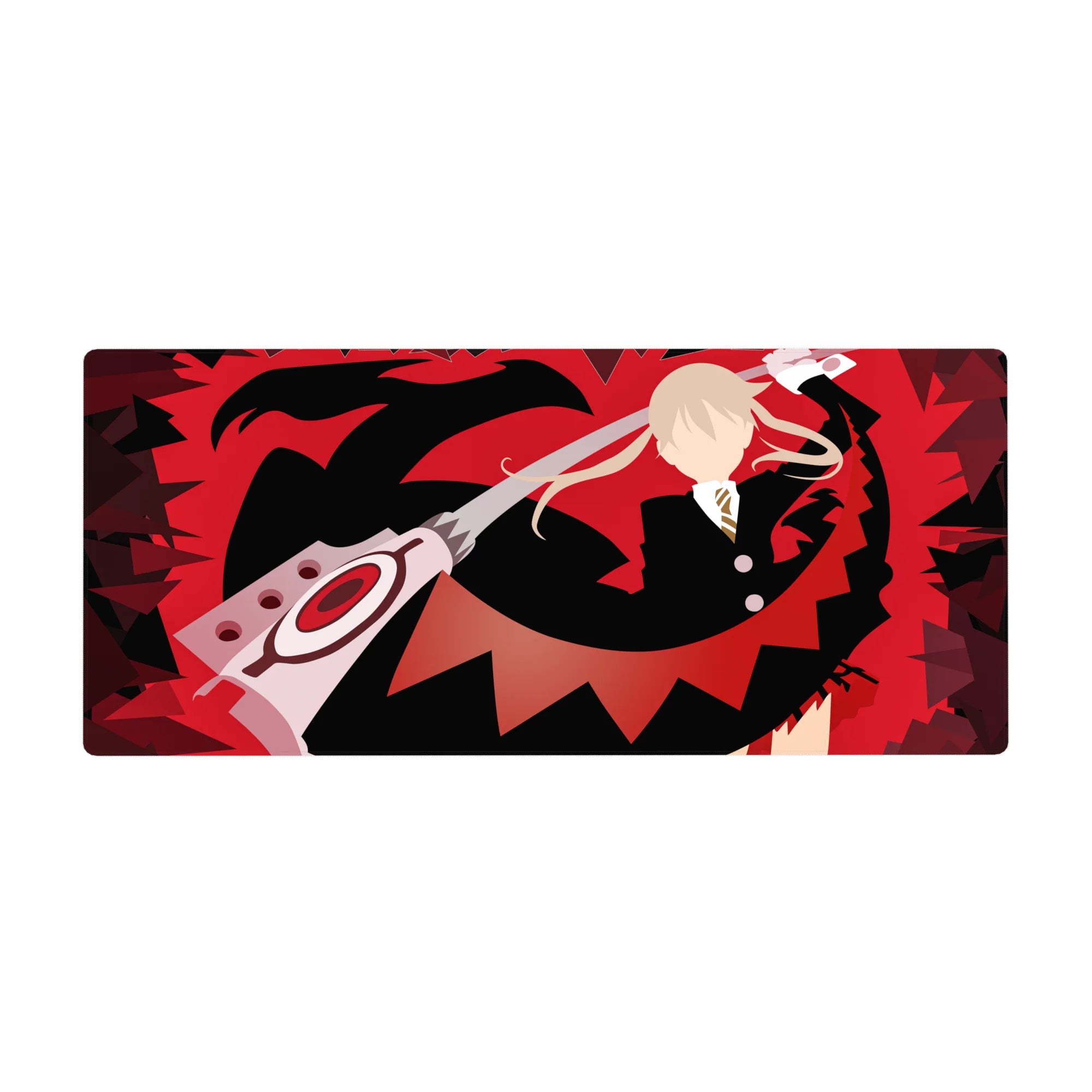 36x16 inches anime desk pad with red storm backdrop, black silhouette, blond fighter and scissor blade art.