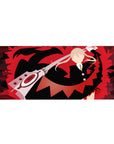 36x16 inches anime desk pad with red storm backdrop, black silhouette, blond fighter and scissor blade art.