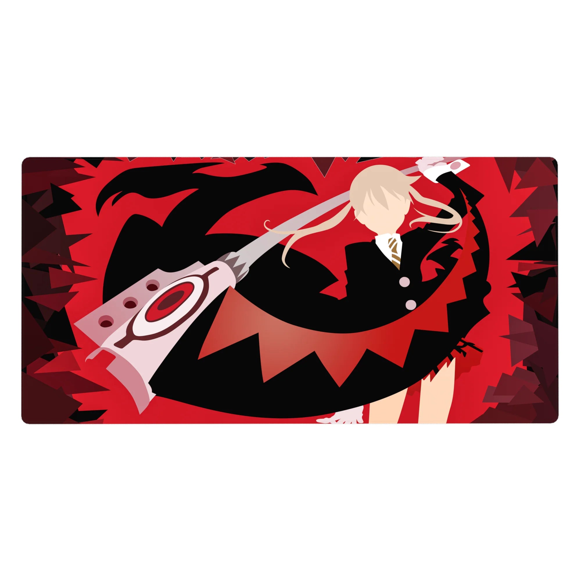 Anime desk pad 40x20 inches with red storm backdrop, black silhouette, and dynamic scissor-blade action art.