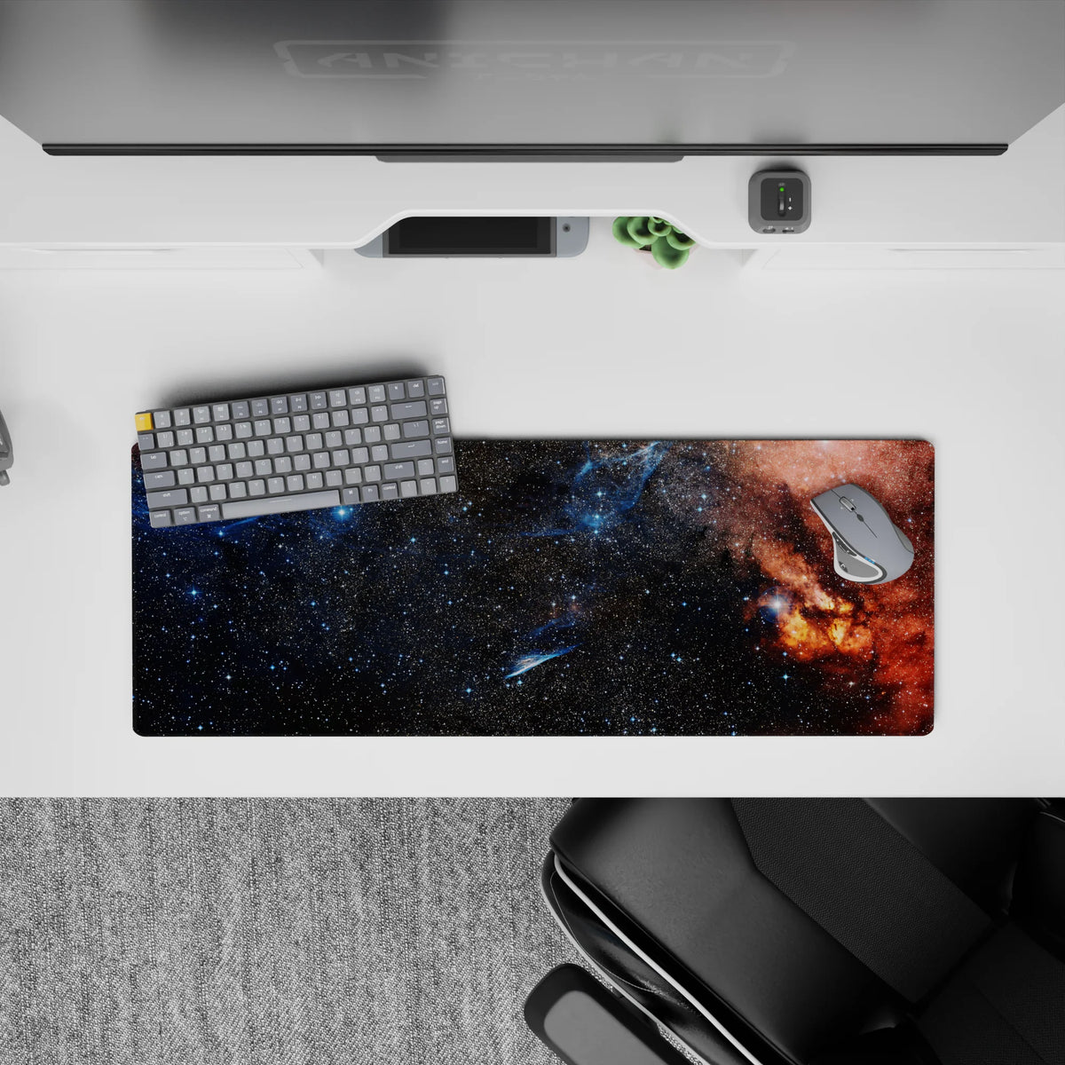 Deep navy and inky black 32x12 inches mouse pad with cozy cosmic mood, tiny stars, and warm orange glow.