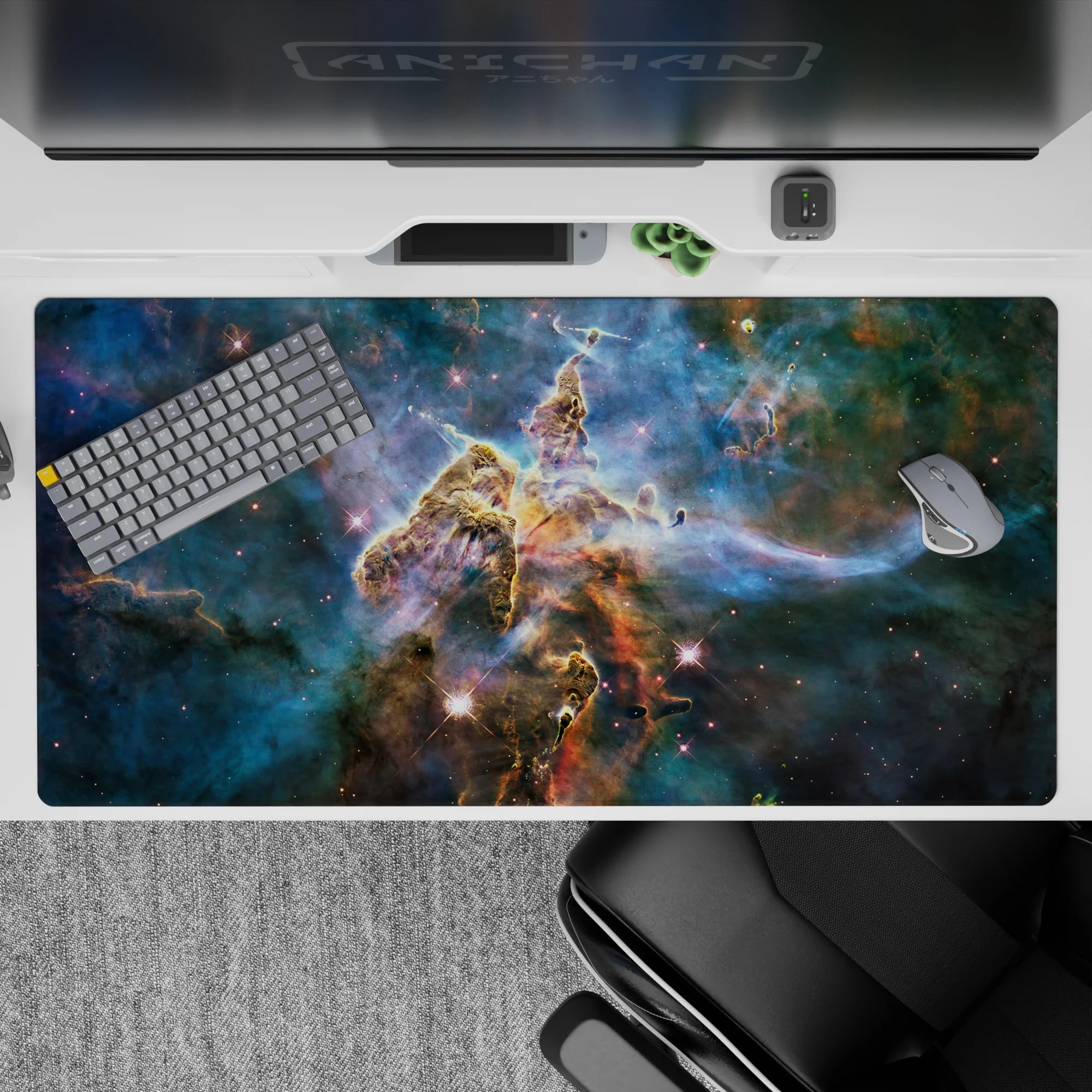 Smoky teal and deep-space blue desk pad mouse pad, 40x20 inches, cozy mysterious galaxy vibe.