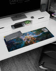 Smoky galaxy swirl with tiny stars and drifting amber mist mouse pad 32x12 inches.