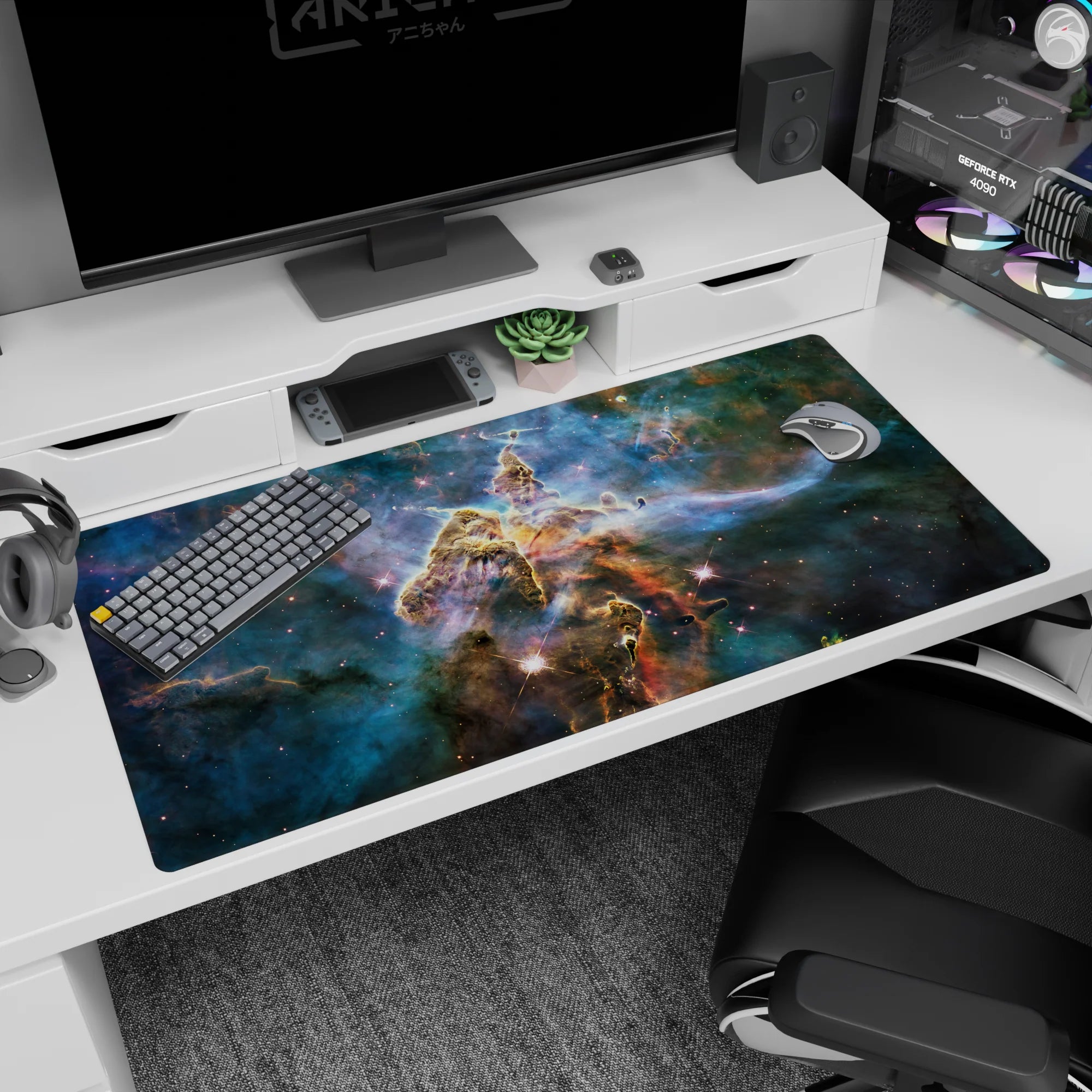 Starry space mist scene desk pad mouse pad, 40x20 inches, swirling nebula drifting past your keyboard.