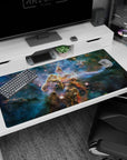 Starry space mist scene desk pad mouse pad, 40x20 inches, swirling nebula drifting past your keyboard.