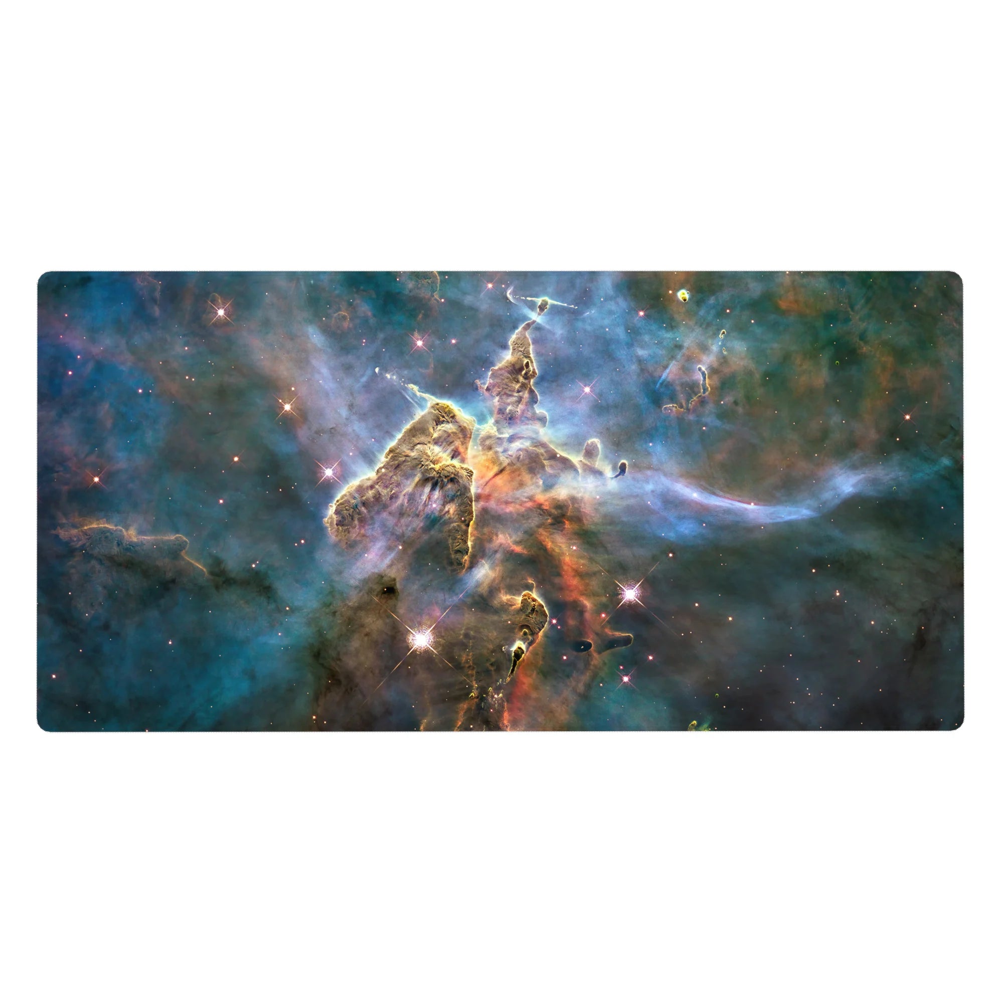 Nebula star cloud desk pad mouse pad, 40x20 inches, with sparkles and amber mist for smooth glide.