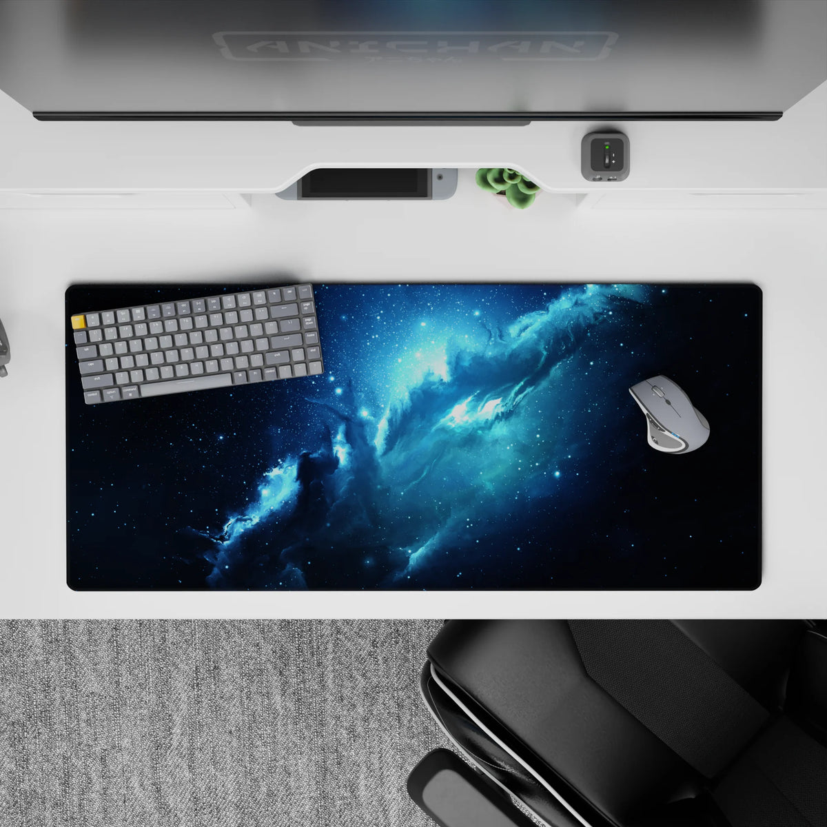 Midnight navy, inky black and icy blue glow desk pad, calm cosmic mood, 36x16 inches.
