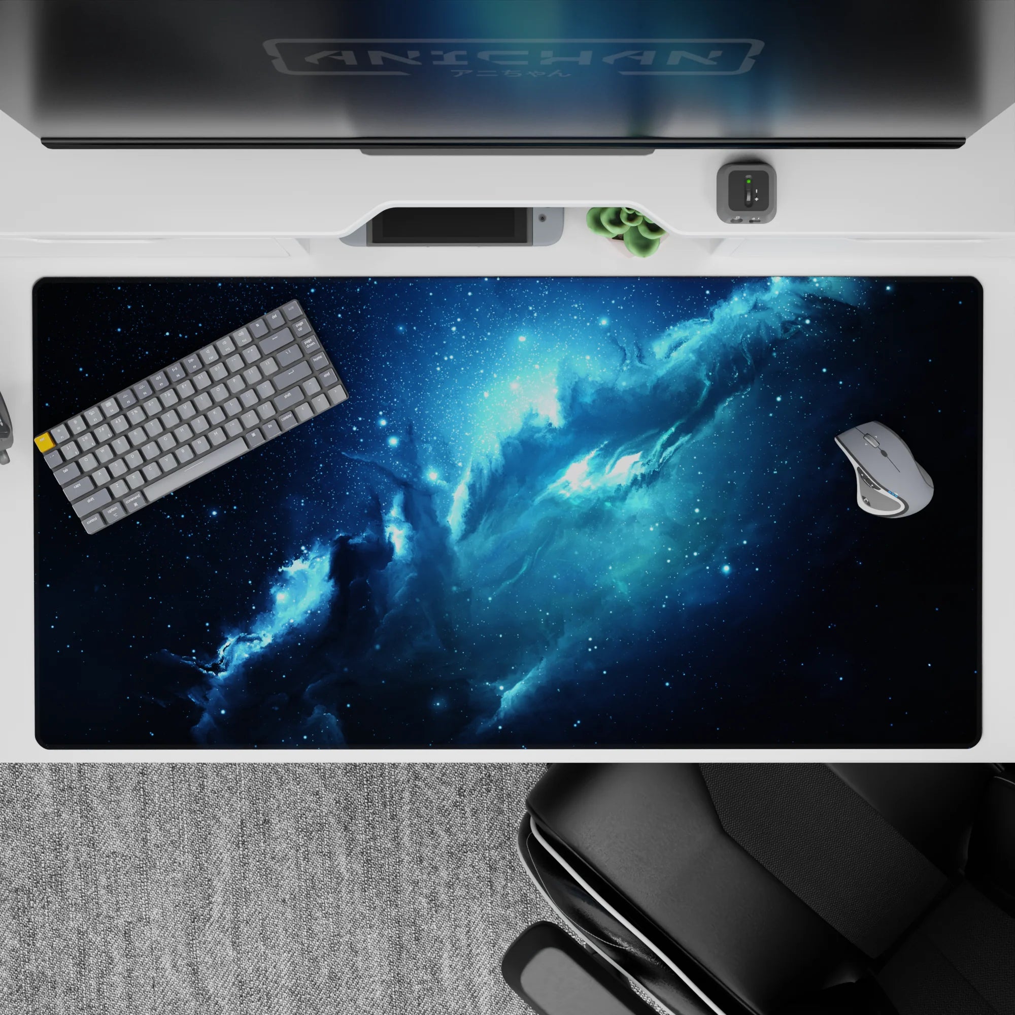 Midnight navy, inky black, and icy blue glow desk pad 40x20 inches for a calm, mysterious vibe.