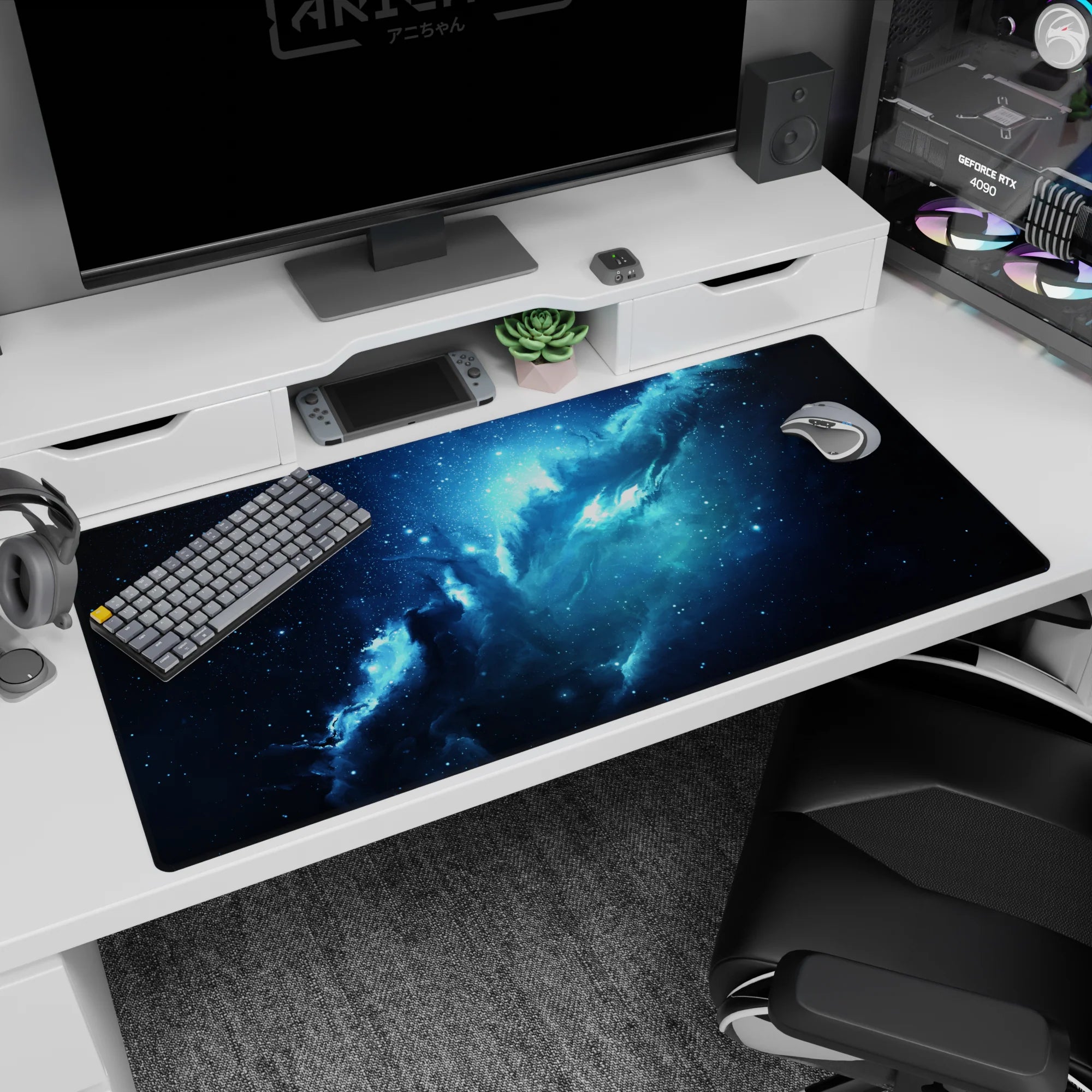 Deep space cloud-like nebula scene desk pad 40x20 inches with scattered tiny stars across the surface.