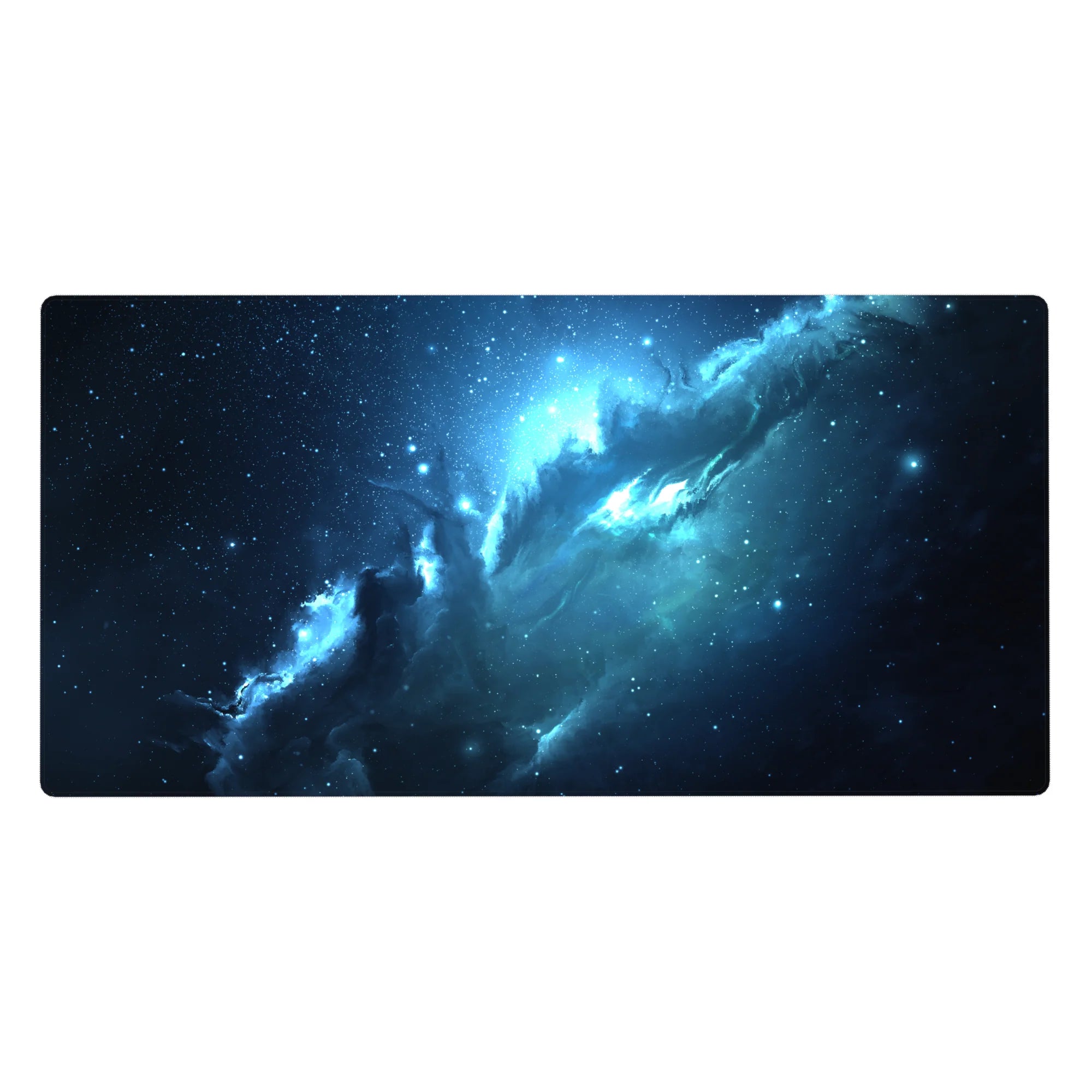 Nebula swirl desk pad 40x20 inches with star-speckled deep space pattern and smooth surface.