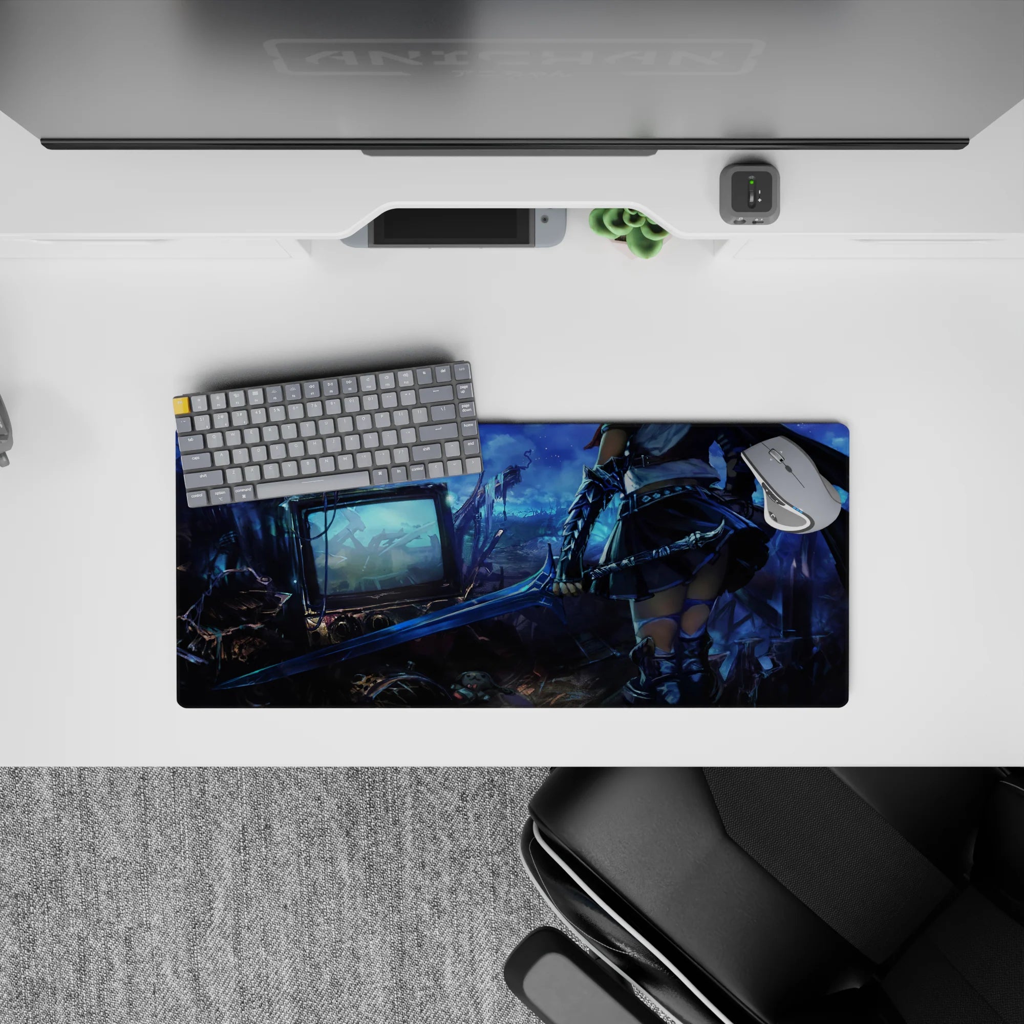 Moody blue-gray anime girl mouse pad 28x12 inches with neon glints and dusk cyber-fantasy vibe.