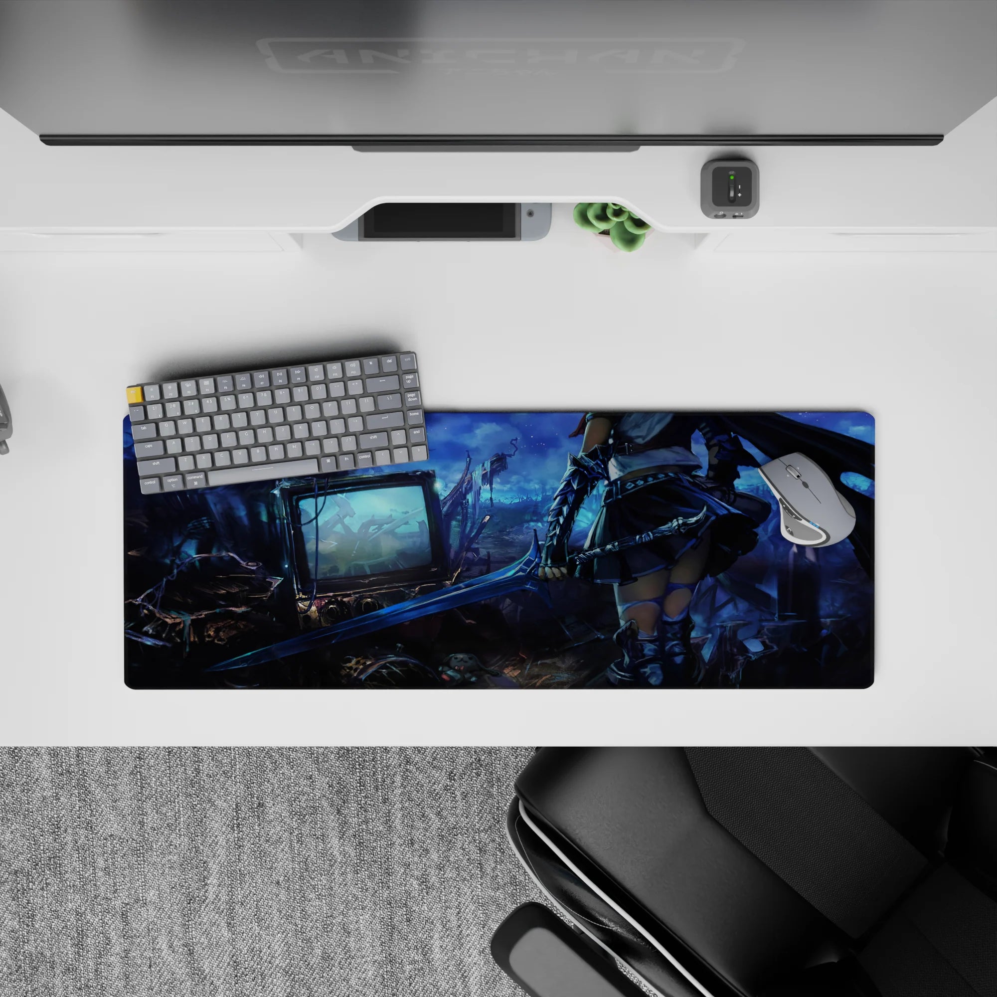 Anime girl mouse pad 32x12 inches in cool blues and steel grays with neon glints, moody dusk vibe.