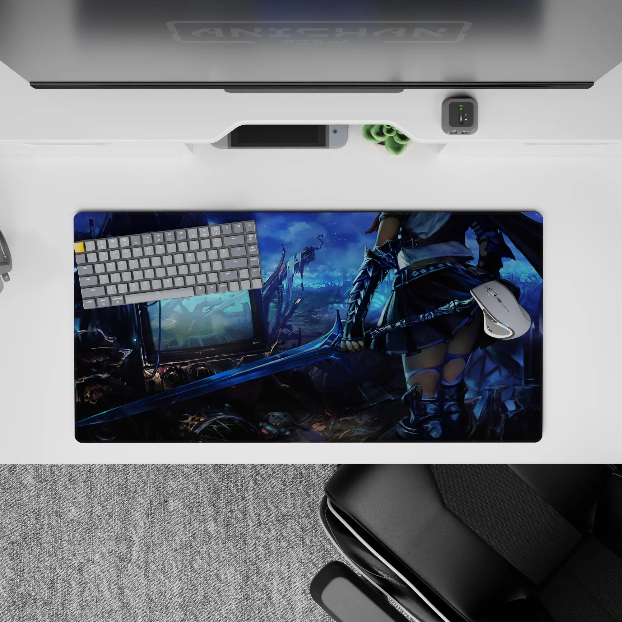 32x16 inches anime girl desk pad in cool blues and steel grays with neon cyber-fantasy dusk vibe.