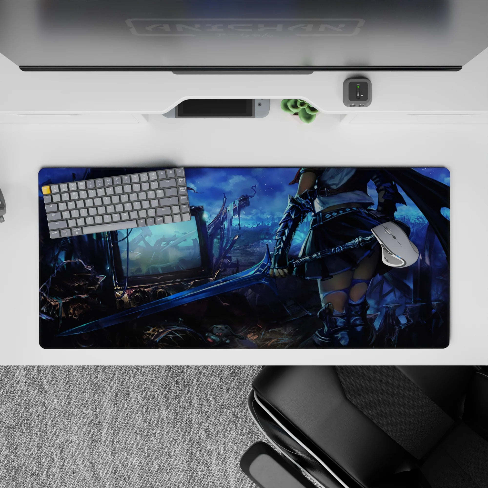 Moody neon-blue desk pad 36x16 inches in steel gray tones, dreamy cyber-fantasy dusk vibe for gaming.