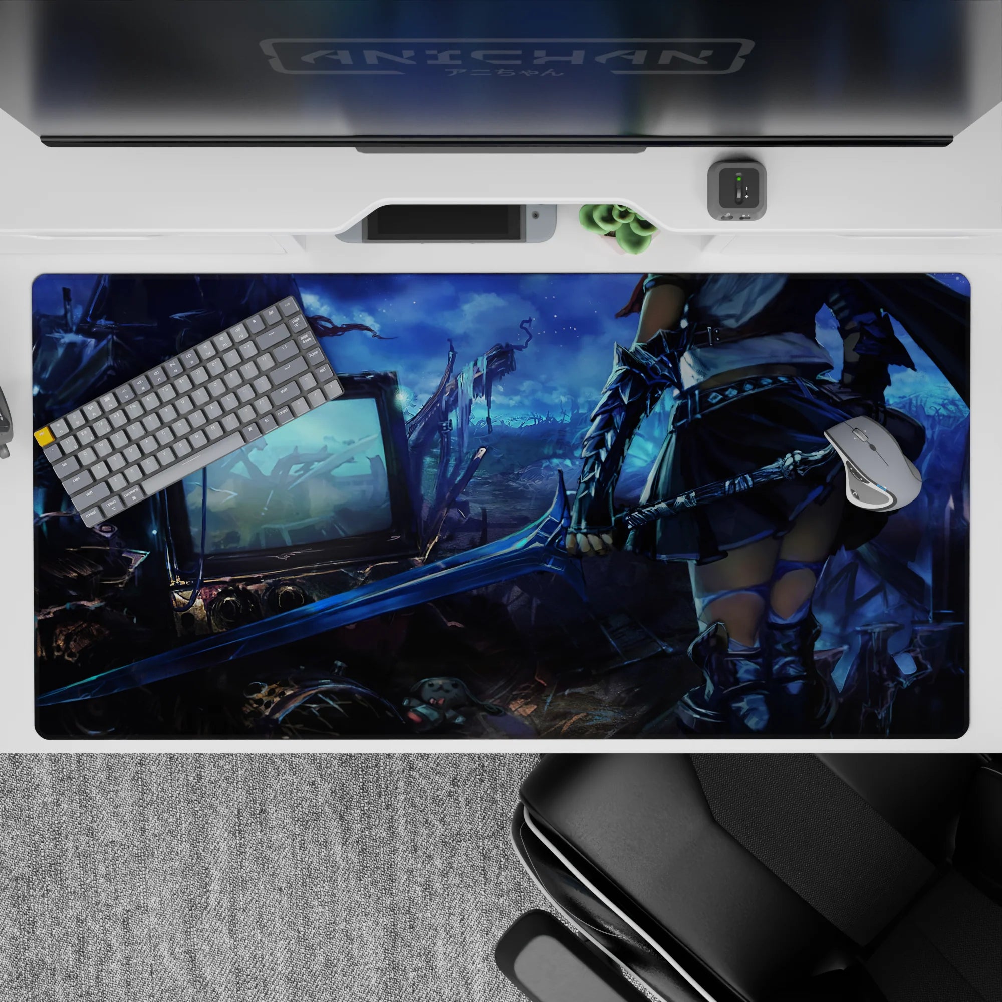 Moody neon-blue and steel-gray anime girl desk pad 40x20 inches, dreamy cyber-fantasy dusk.