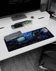 Anime girl mouse pad 32x12 inches showing warrior girl dragging her sword through a scrapyard at night.