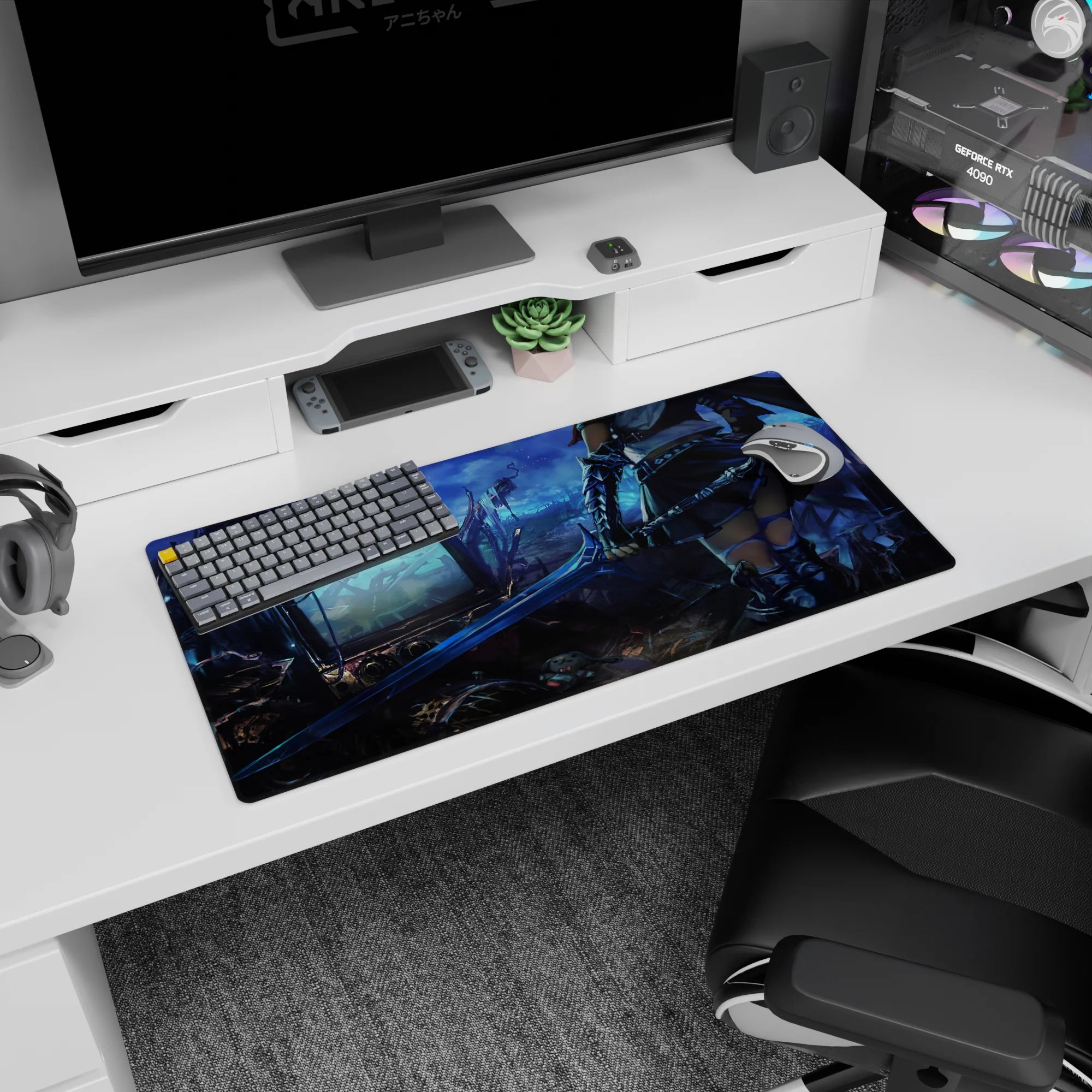 32x16 inches anime girl mouse pad showing a warrior girl dragging a sword past broken screens and metal.