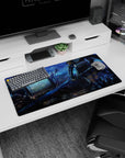 32x16 inches anime girl mouse pad showing a warrior girl dragging a sword past broken screens and metal.