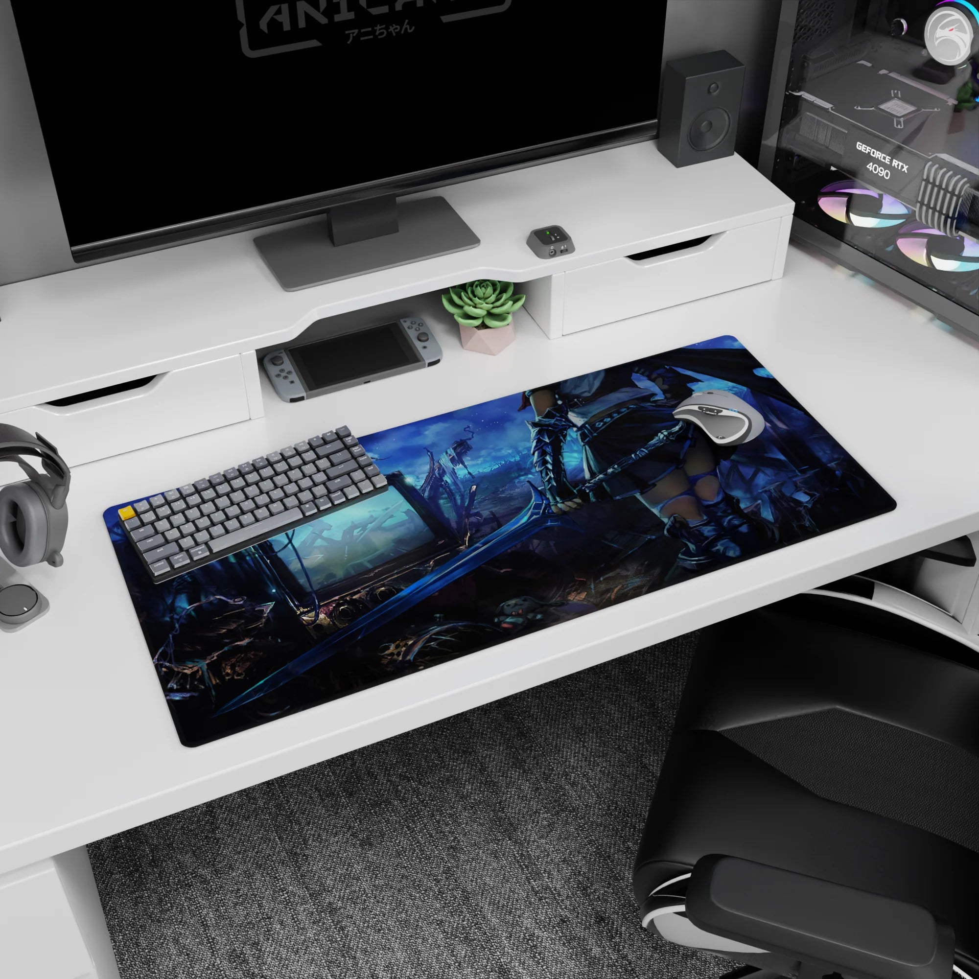 Anime warrior girl desk pad 36x16 inches, blade dragging through a wrecked screen junkyard at twilight.