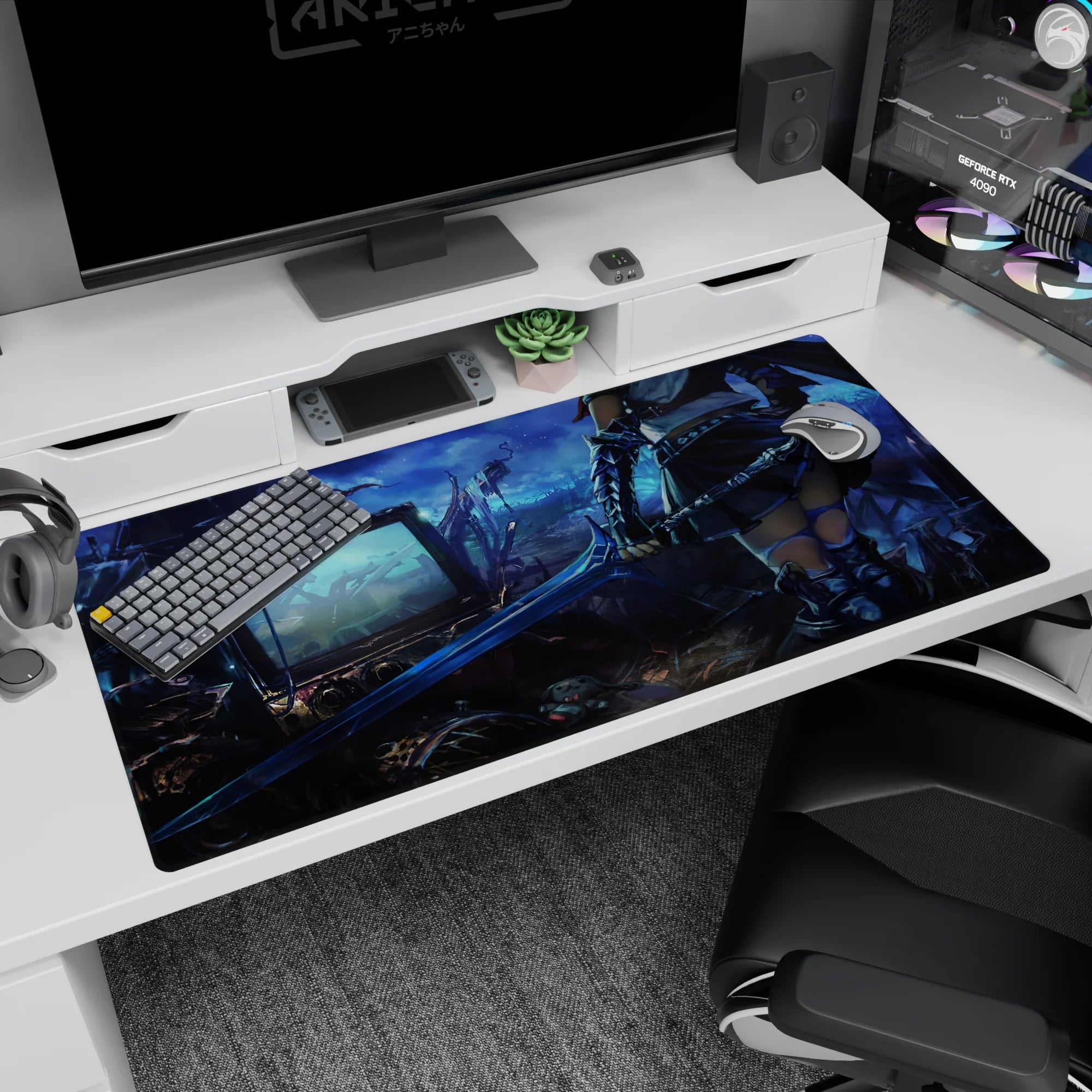 Armored anime warrior girl stance, sword scraping metal in neon junkyard, desk pad 40x20 inches.
