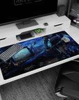 Armored anime warrior girl stance, sword scraping metal in neon junkyard, desk pad 40x20 inches.