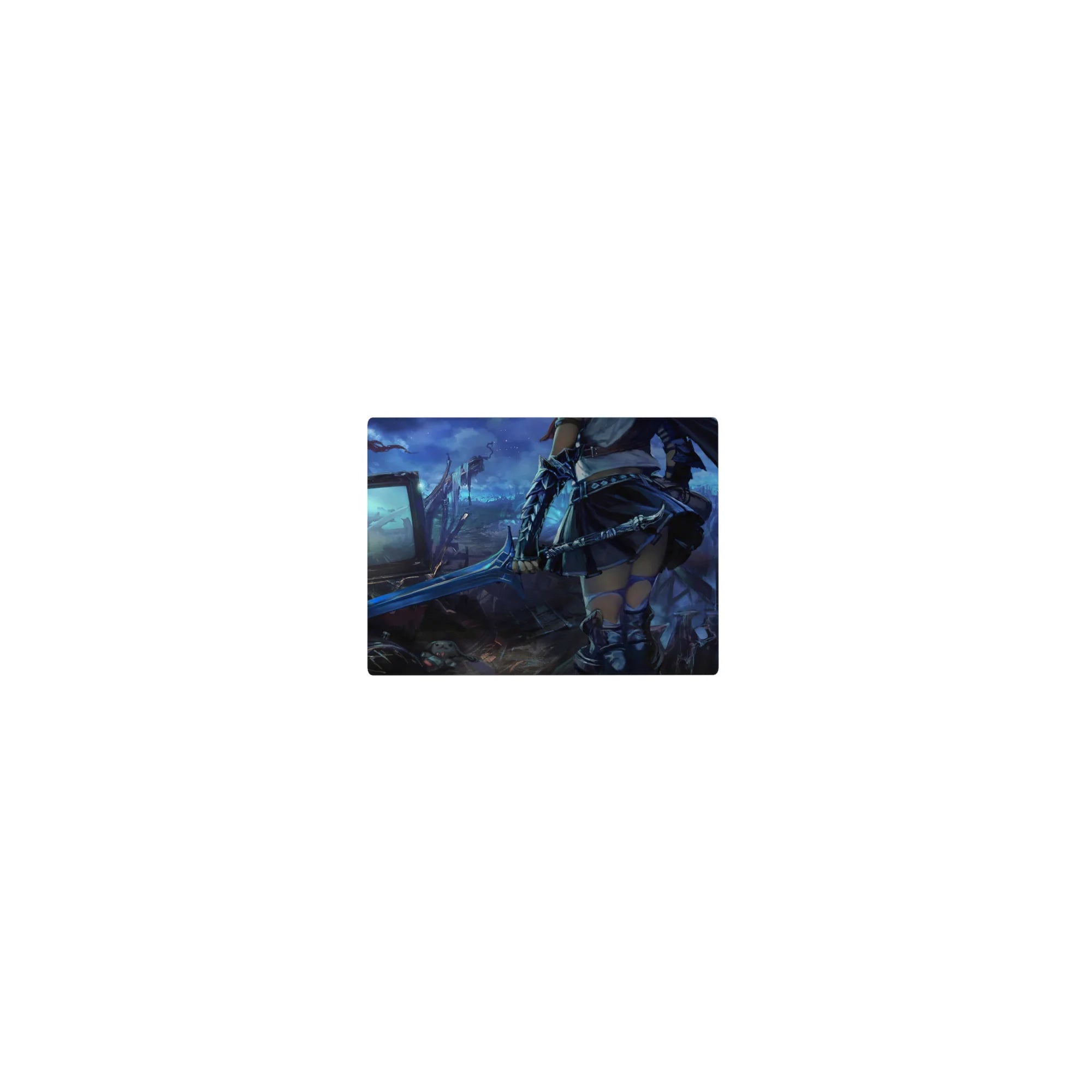 Classic anime girl mouse pad 14x10 inches with armored warrior and blade in a cyber junkyard scene.