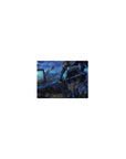 Classic anime girl mouse pad 14x10 inches with armored warrior and blade in a cyber junkyard scene.