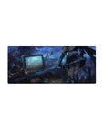 Anime girl mouse pad 28x12 inches with armored warrior and blade in cyber junkyard scene.