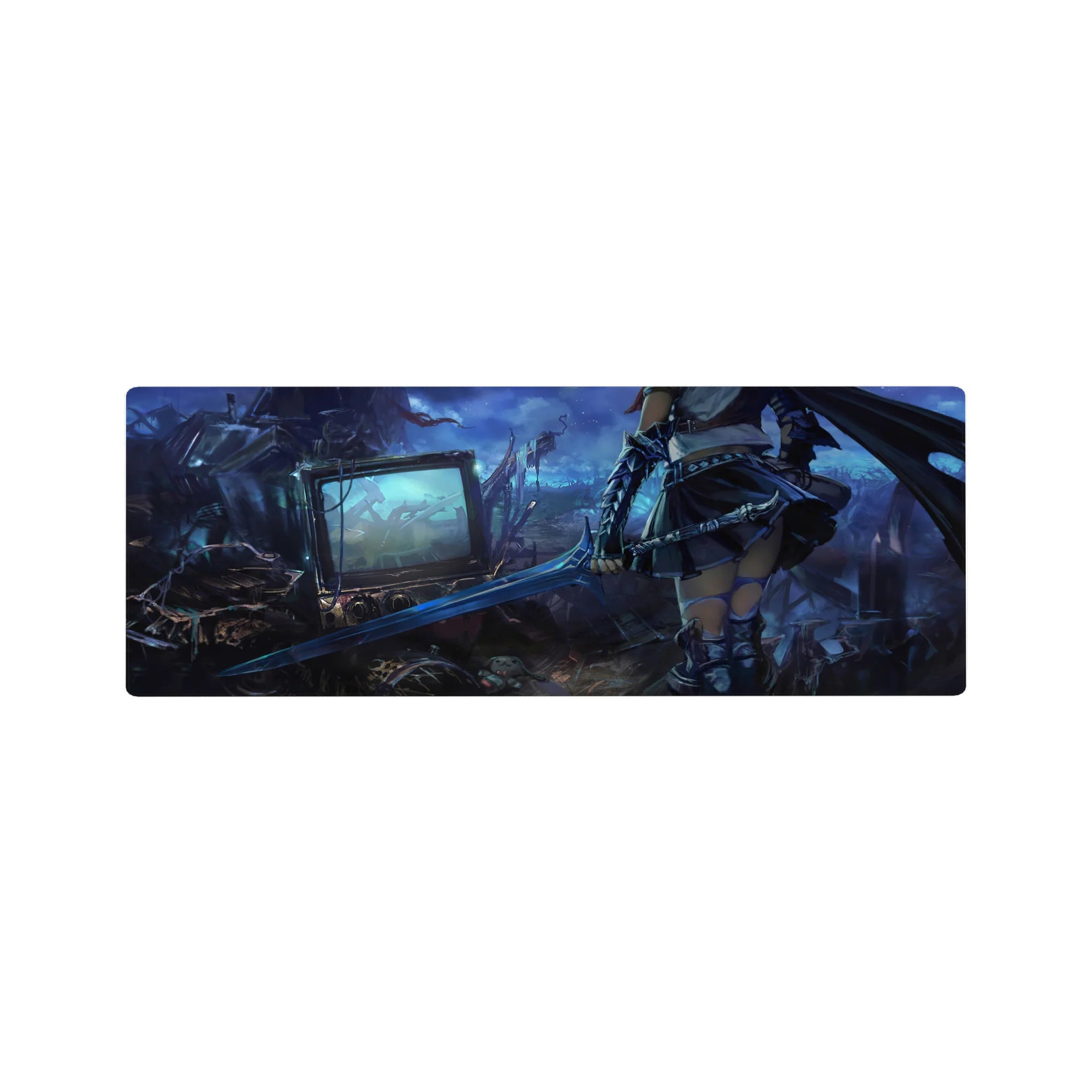 Anime girl mouse pad 32x12 inches with armored warrior and blade, cyber-fantasy junkyard backdrop.