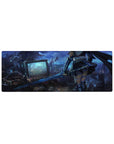 Anime girl mouse pad 32x12 inches with armored warrior and blade, cyber-fantasy junkyard backdrop.