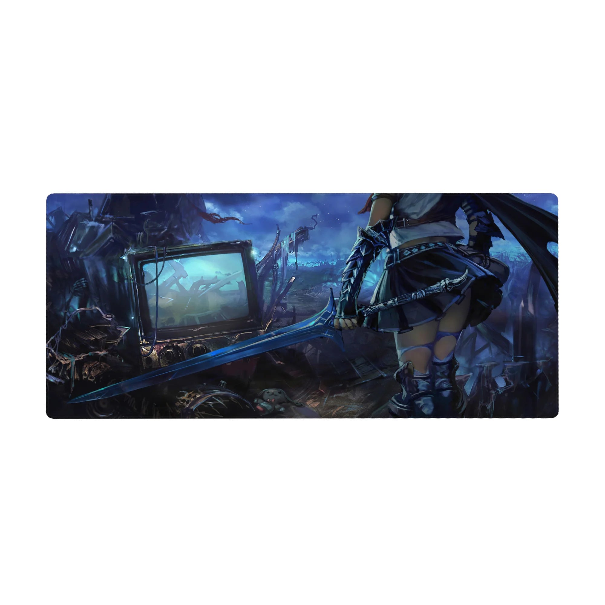 Anime girl desk pad 36x16 inches with armored warrior and sword, cyber junkyard background, smooth glide.