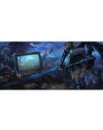 Anime girl desk pad 36x16 inches with armored warrior and sword, cyber junkyard background, smooth glide.