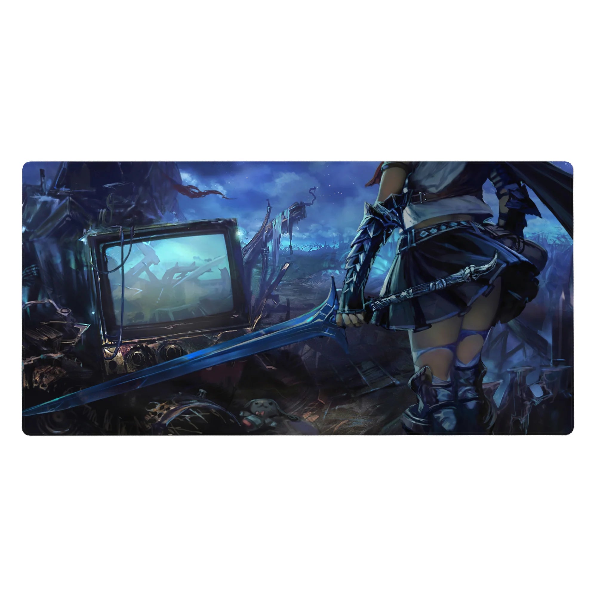 Anime girl desk pad 40x20 inches with armored warrior, dragging blade, cyber junkyard backdrop.