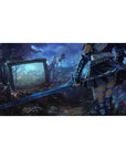 Anime girl desk pad 40x20 inches with armored warrior, dragging blade, cyber junkyard backdrop.