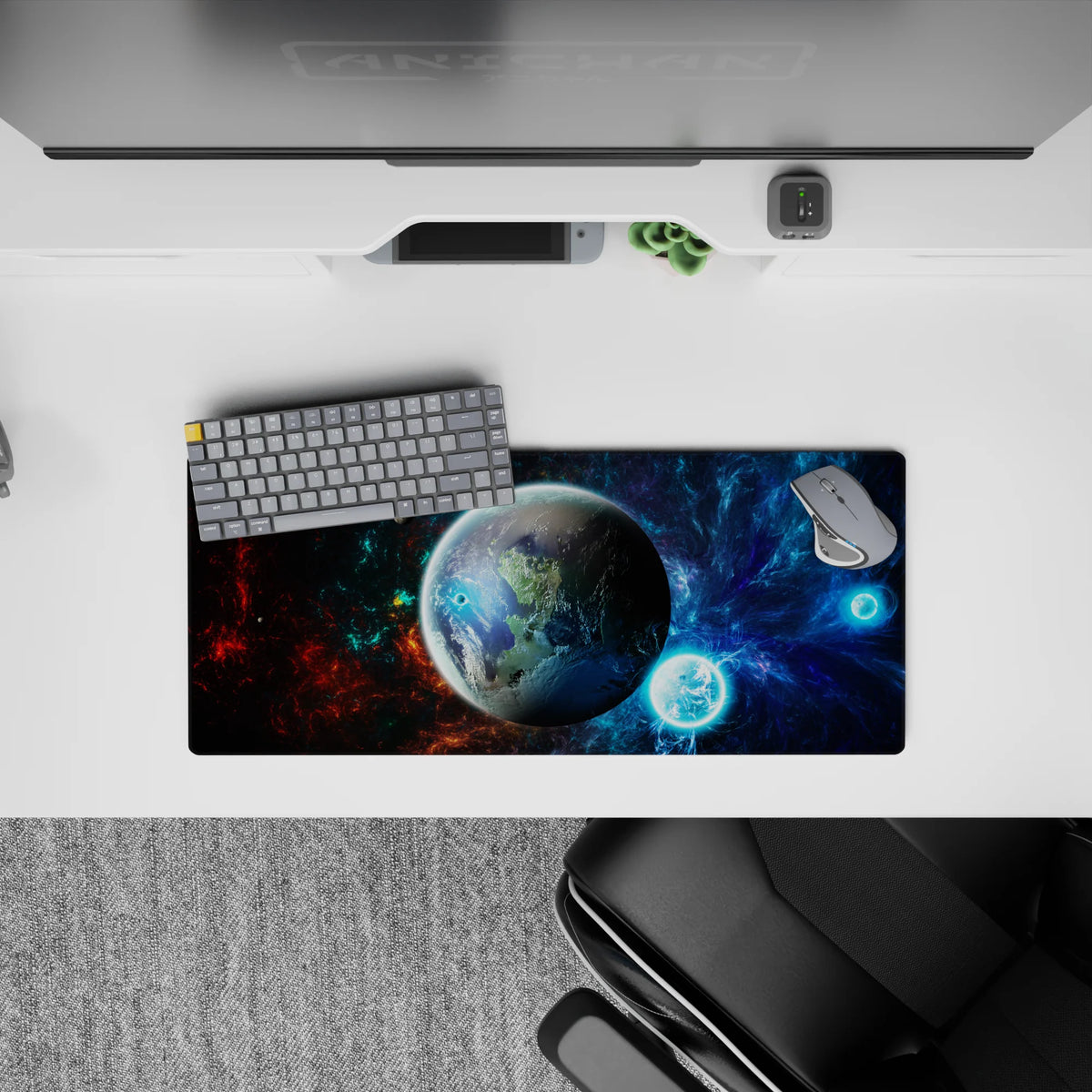 Cozy deep-space vibes in nebula blues, inky blacks, and hints of fiery red on a 28x12 inches mouse pad.