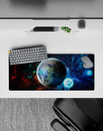 Cozy deep-space vibes in nebula blues, inky blacks, and hints of fiery red on a 28x12 inches mouse pad.
