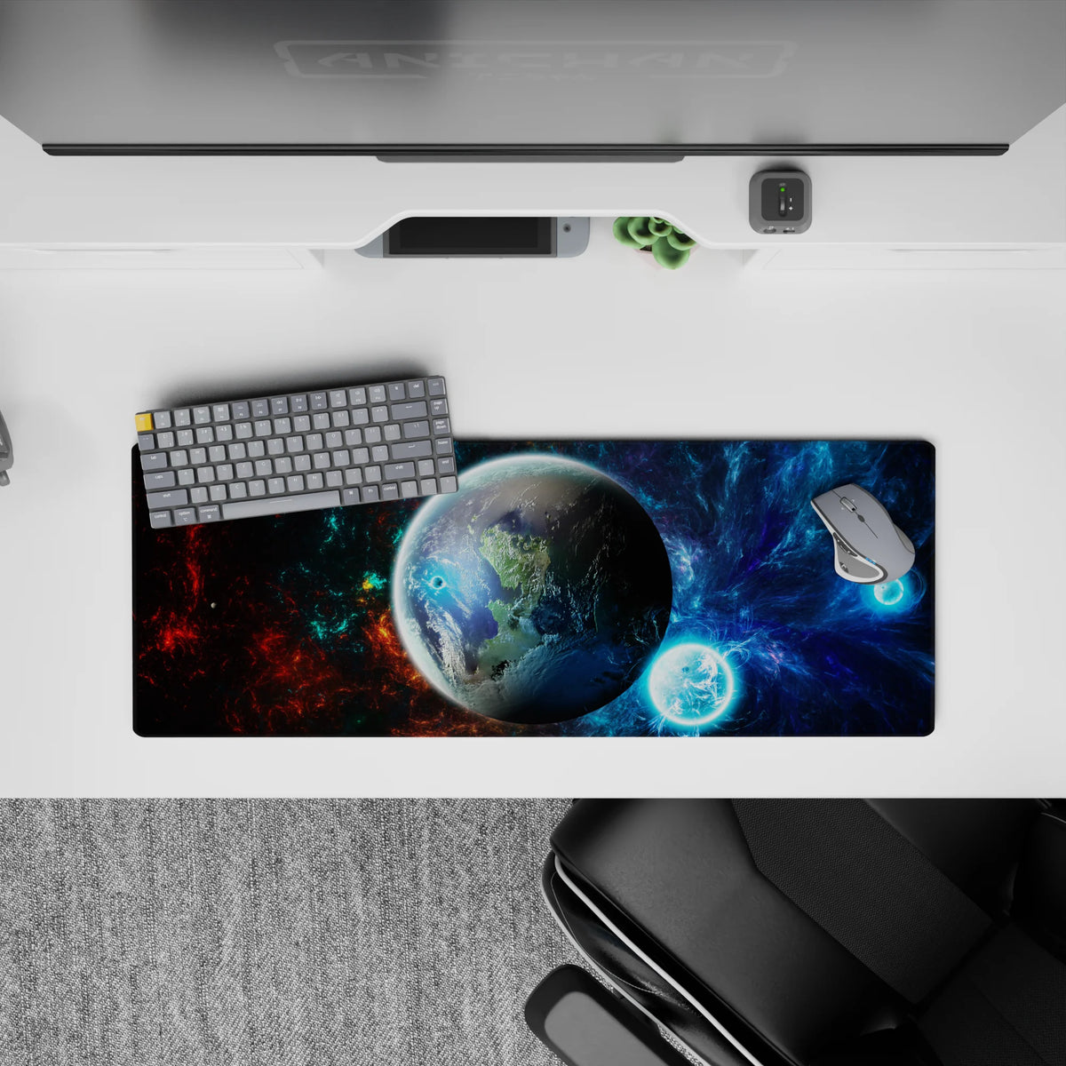 Cosmic mouse pad 32x12 inches in deep blues, inky black, and fiery red clouds for a calm space mood.