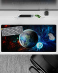 Moody blue-black nebula mouse pad 32x16 inches with red cloud accents and star-speckled texture.