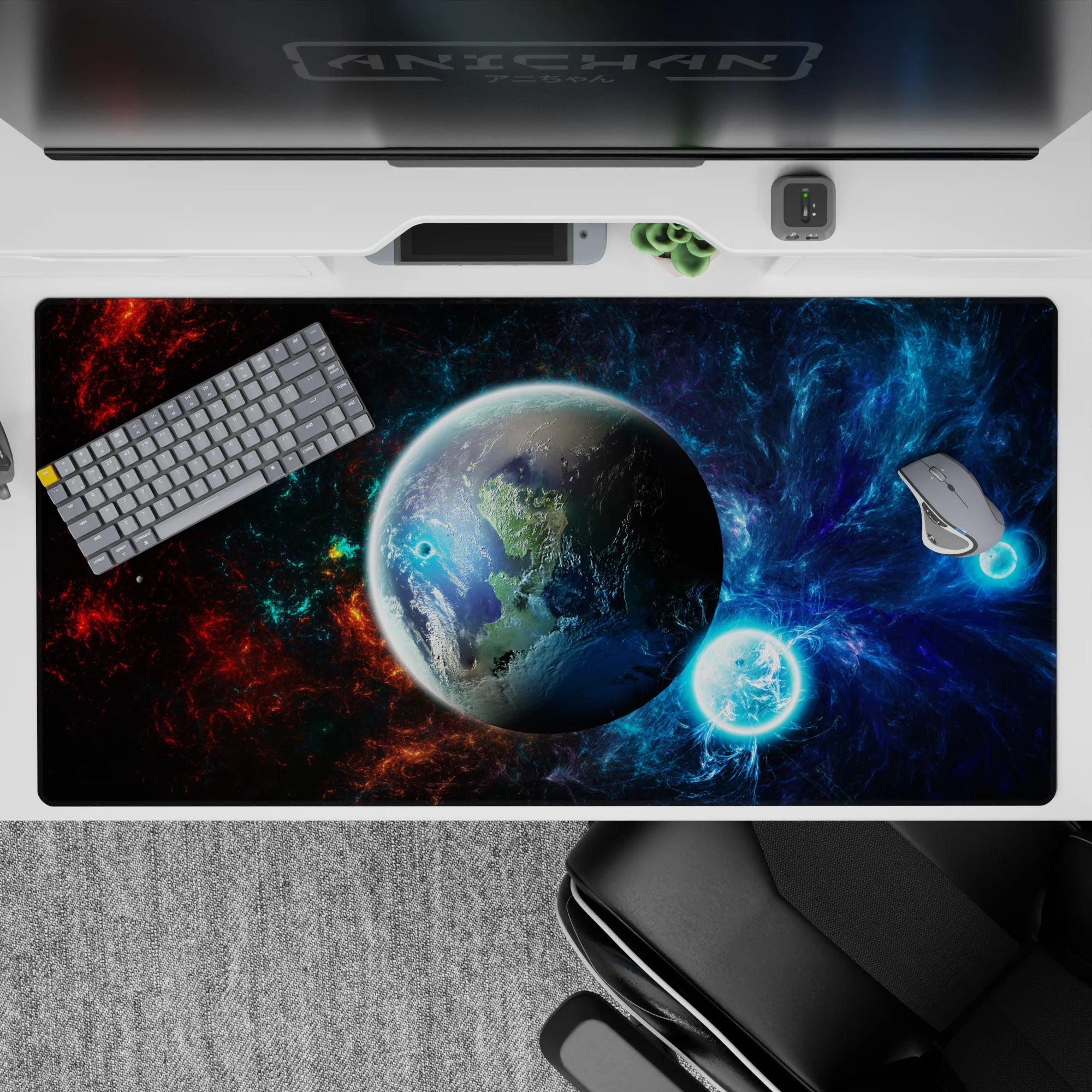 Moody 40x20 inches desk pad in nebula blues and inky blacks with subtle fiery red clouds at the edges.