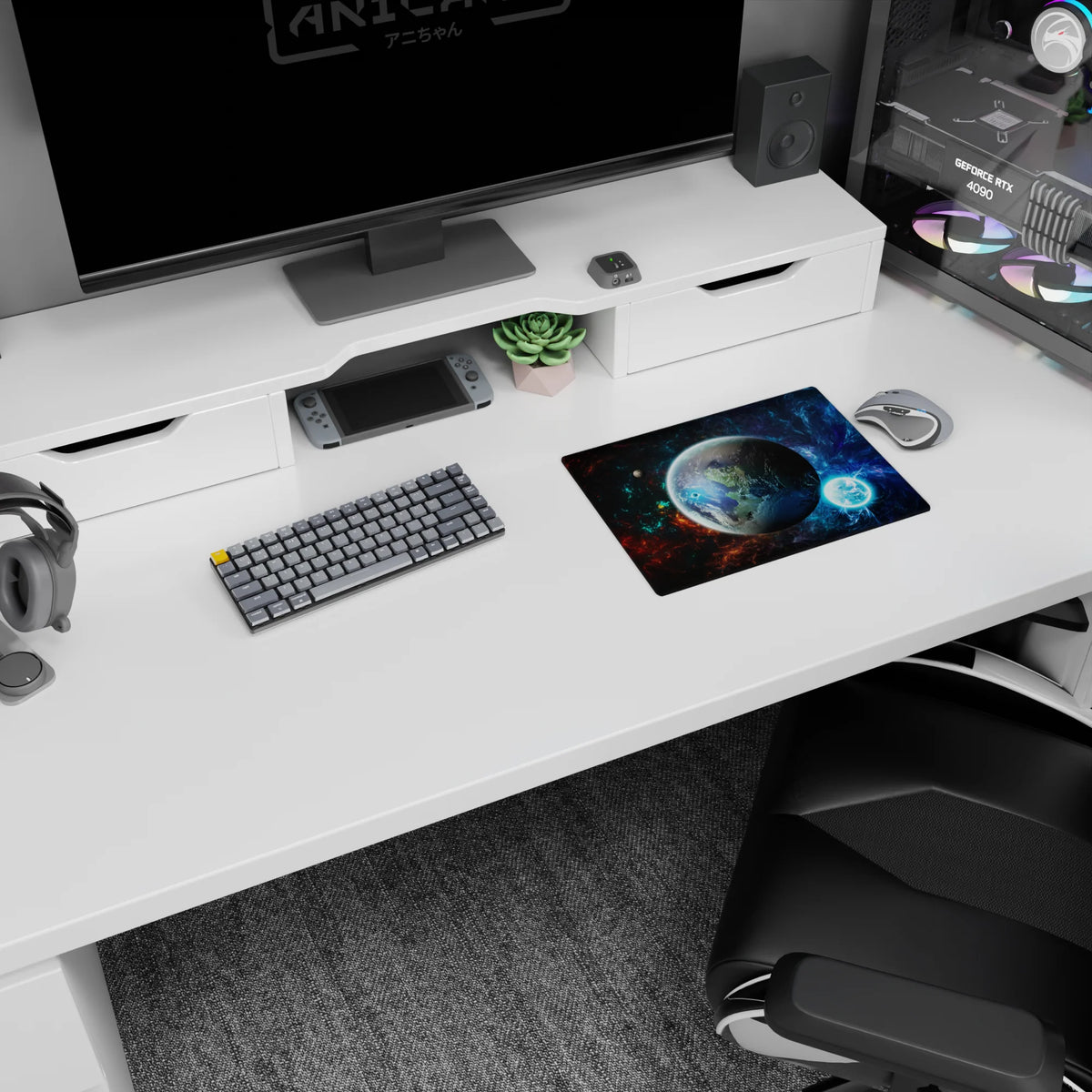 14x10 inches classic mouse pad featuring a glossy planet centered in a swirling nebula space scene.