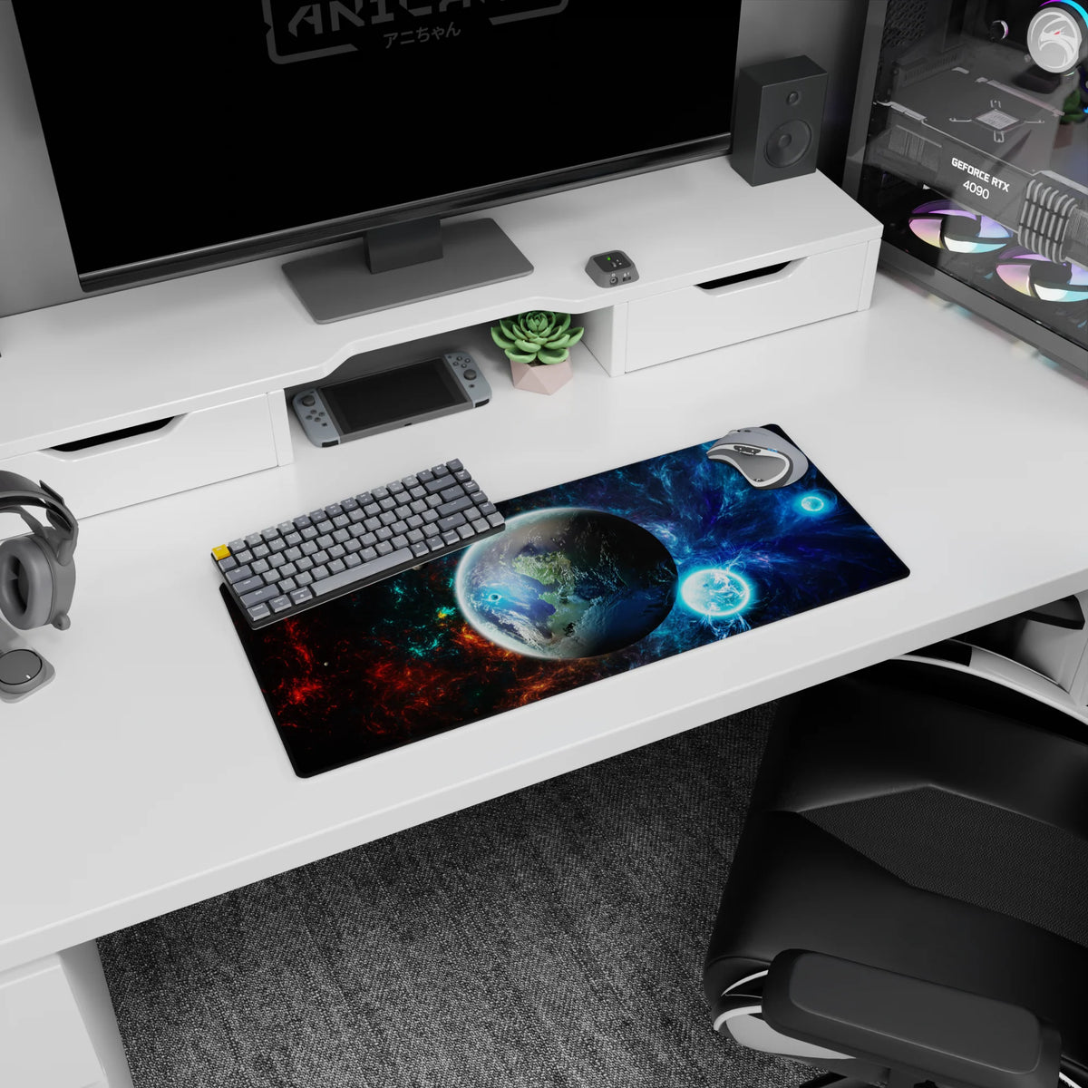 Glossy planet centerpiece floating in a swirling galaxy scene on a 28x12 inches extended mouse pad.