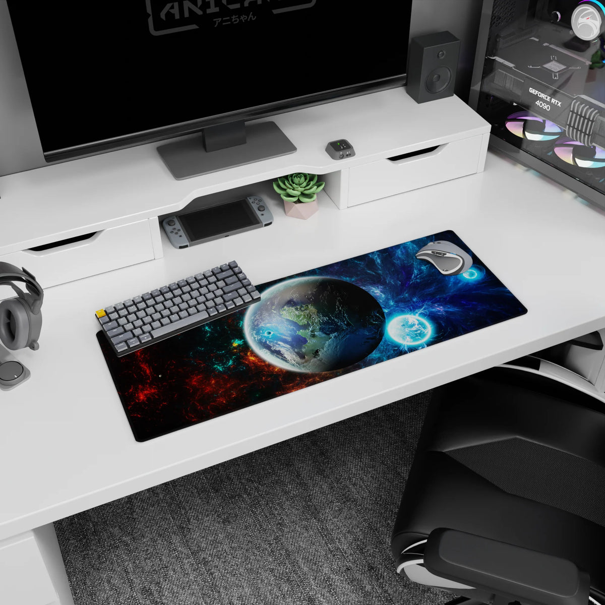 Planet-centered space scene mouse pad 32x12 inches with glossy world, swirling nebula, and stars.