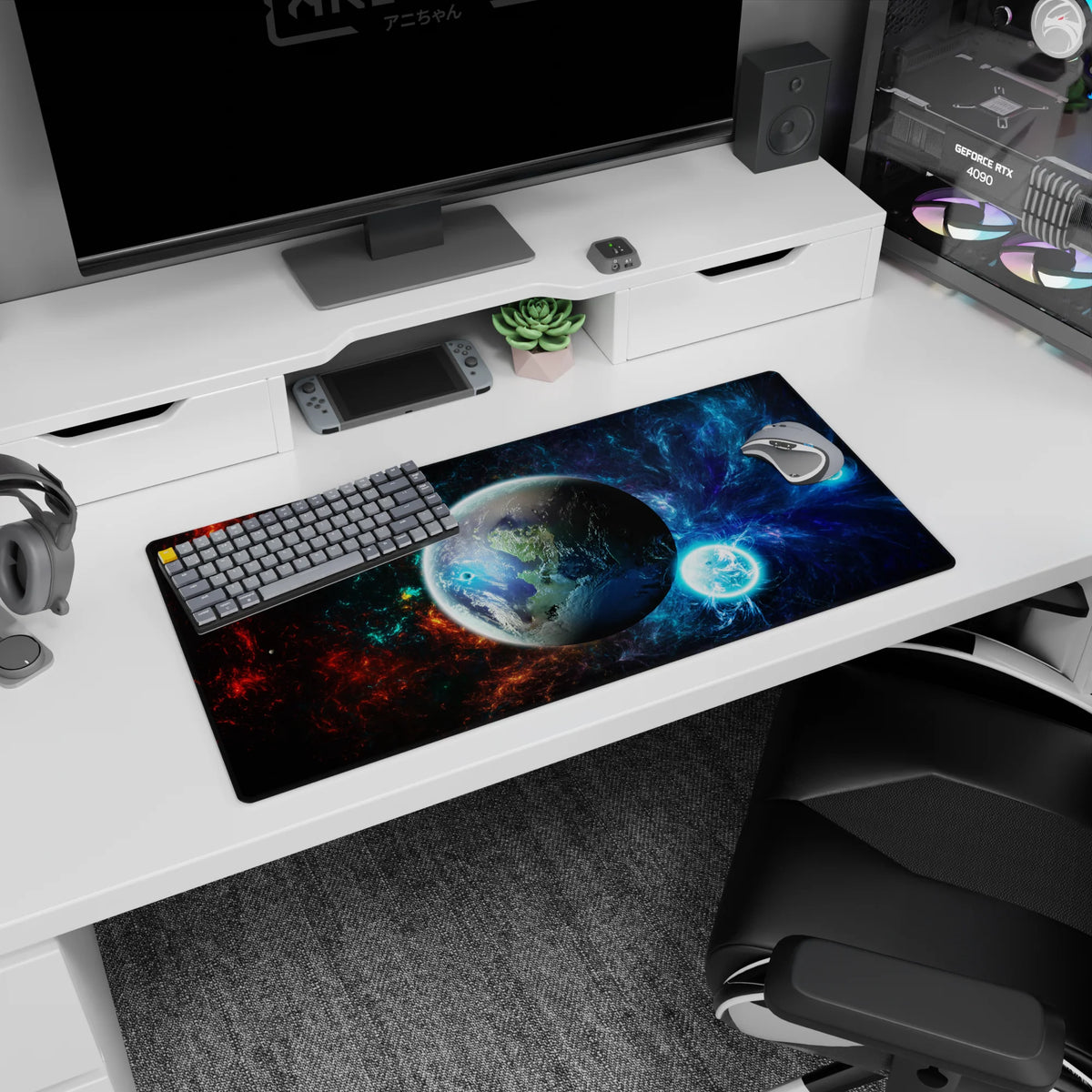 Glossy planet in deep space scene mouse pad 32x16 inches with electric light rings and cosmic clouds.