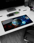 Glossy planet in deep space scene mouse pad 32x16 inches with electric light rings and cosmic clouds.