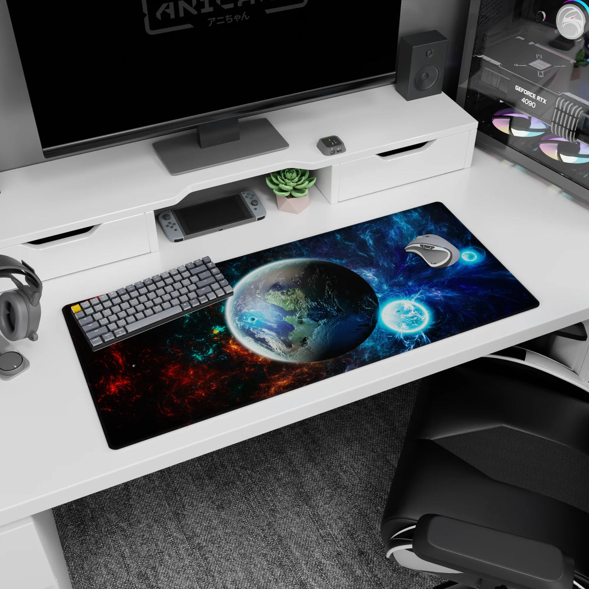 Space scene desk pad featuring a glossy planet with electric light rings and stars, 36x16 inches.