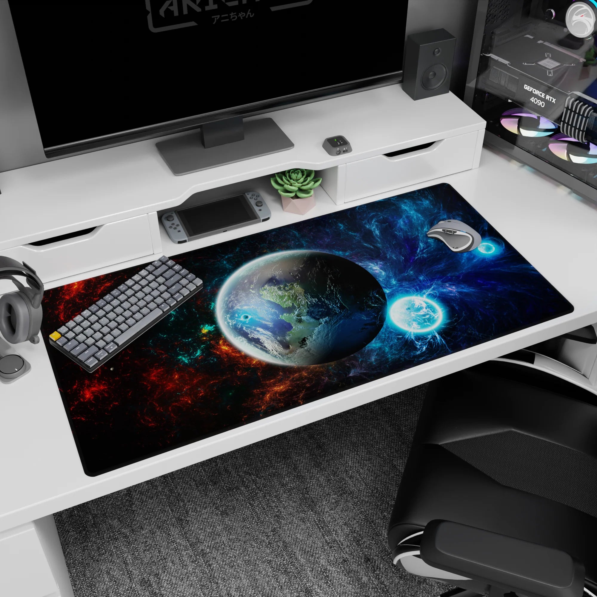 Planet-in-focus 40x20 inches desk pad showing a glossy world amid swirling space clouds and stars.