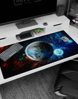 Planet-in-focus 40x20 inches desk pad showing a glossy world amid swirling space clouds and stars.