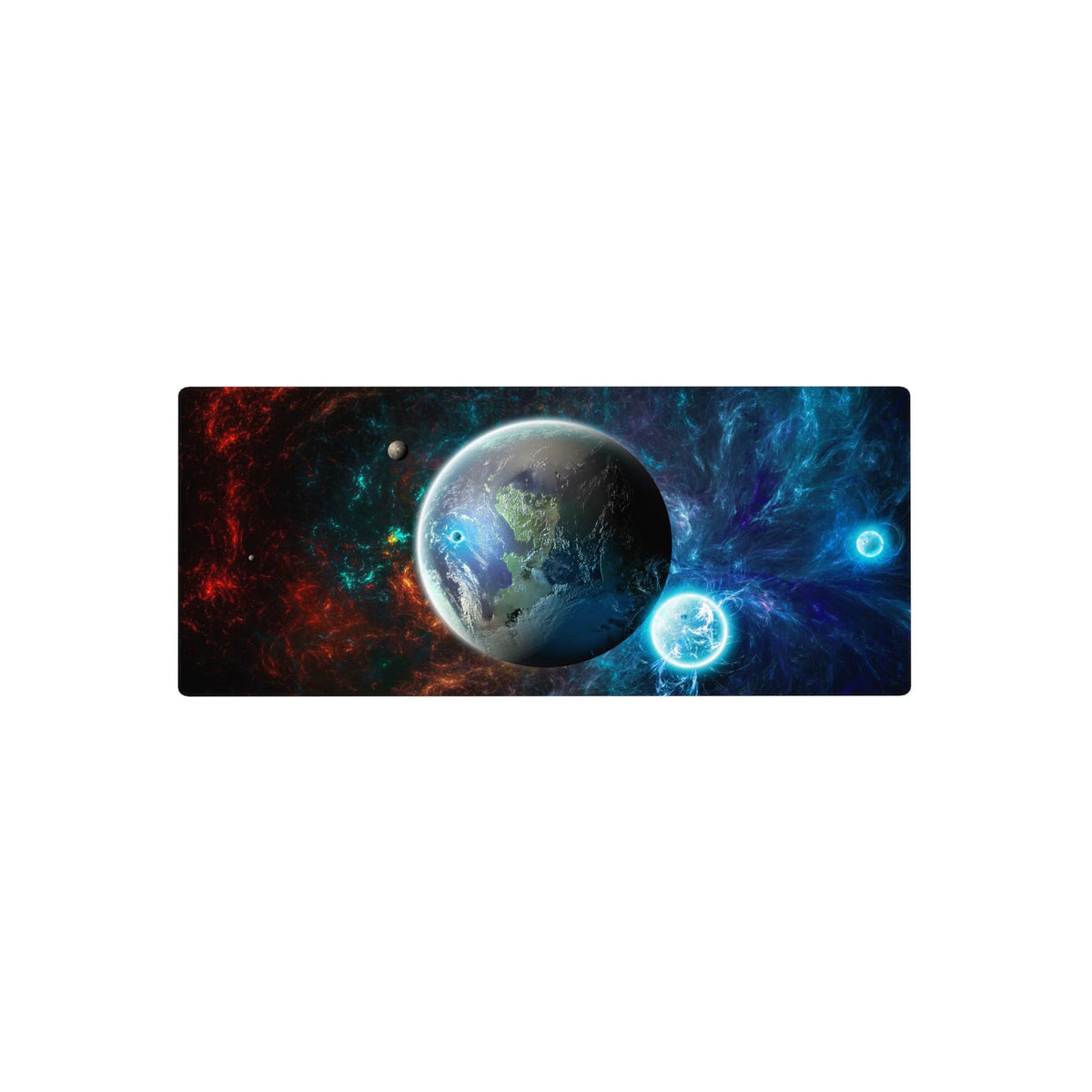 Space nebula planet desk mouse pad, 28x12 inches, with star-speckled texture and glowing rings.